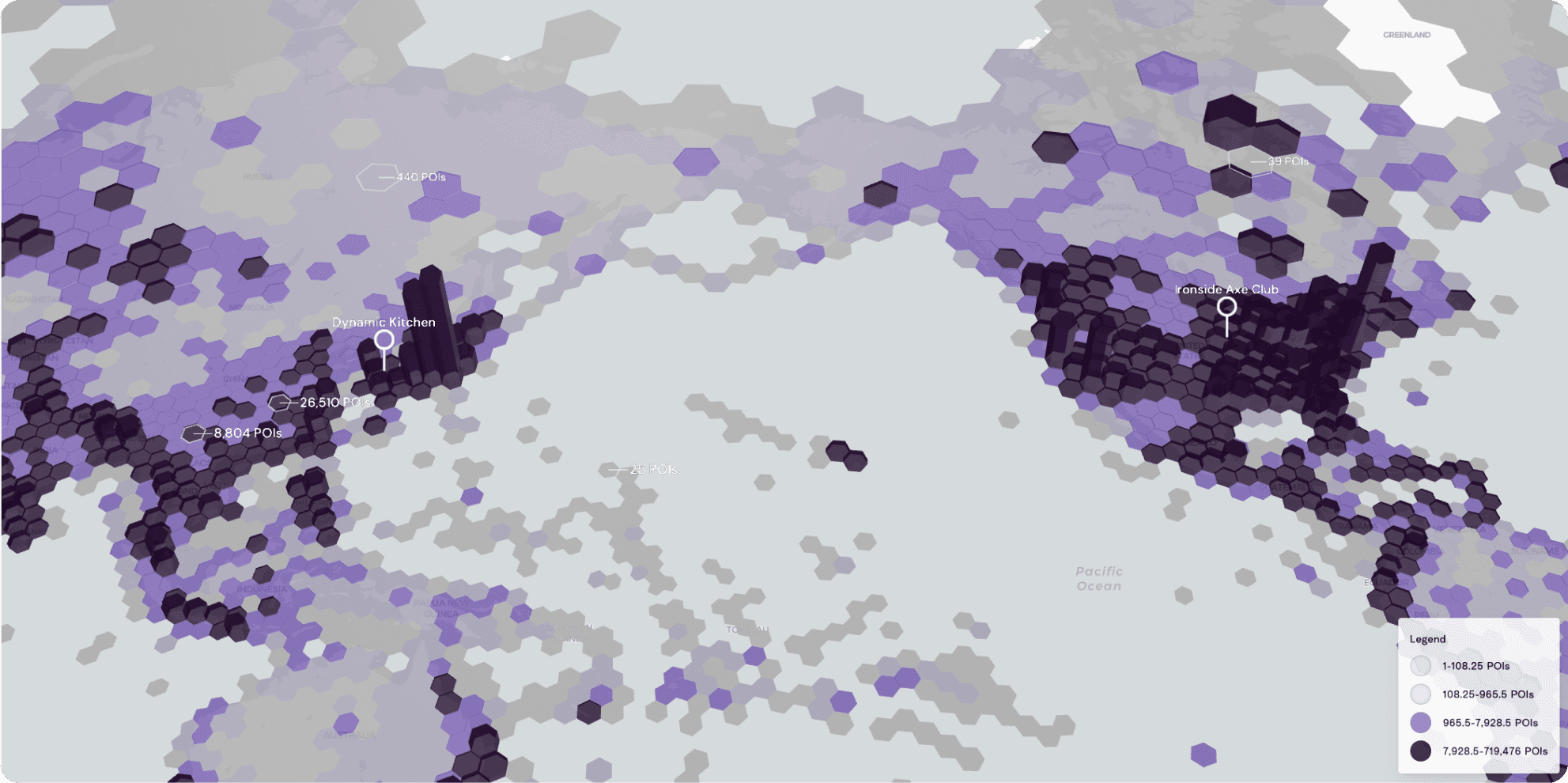 H3 cells showing POI (point of interest) distribution across a world map.